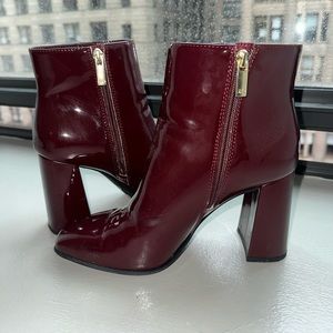 Cherry red, shinny faux leather JLo bootie size 8